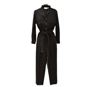 90s Vintage Chaus Black Crepe Jumpsuit 8 Black Pleated Waist Rhinestone Buttons